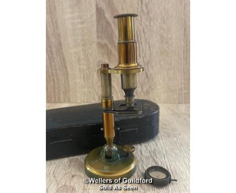 ANTIQUE MINIATURE BRASS MICROSCOPE WITH CASE, 13CM HIGH 
