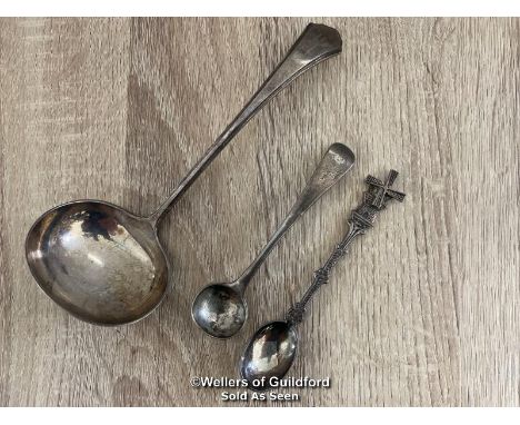 SMALL ANTIQUE MAPPIN &amp; WEBB LADLE (17CM), SILVER CONDIMENT SPOON (APPROX 17G) AND SMALL SPOON WITH WINDMILL DESIGN