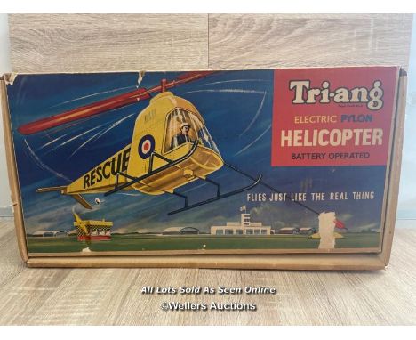 VINTAGE TRI-ANG ELECTRIC PYLON HELICOPTER CAT NO.305 WITH ORIGINAL BOX AND POWER PACK, IN NEED OF SOME RESTORATION 