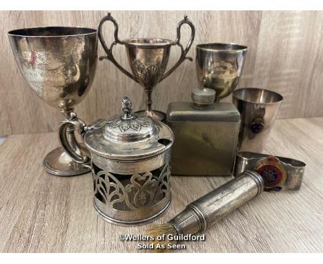 ASSORTED METAL AND PLATED ITEMS INCLUDING AWARDS, NAPKIN RING AND SMALL MILITARY OIL CAN WITH BRUSH DATED 1954 (8)
