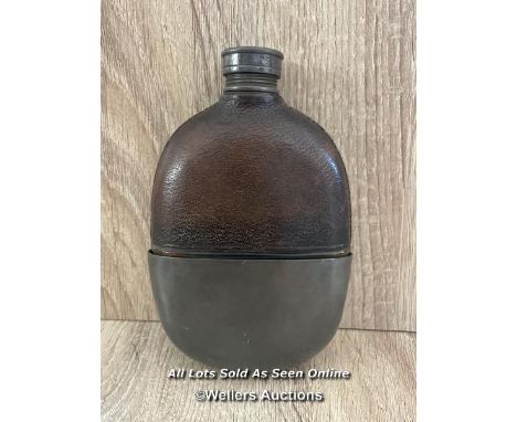 ANTIQUE LEATHER BOUND GLAAS AND METAL HIP FLASK 