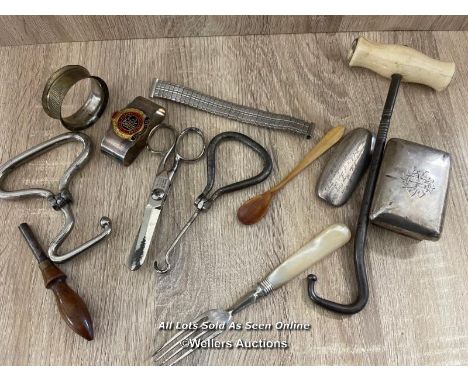 VARIOUS ANTIQUE ITEMS INCLUDING SILVER BOX LID, FOLDING HOOF PICKS AND HOOKS, NAPKIN RINGS AND FORK 