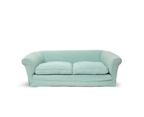 A large 'Burnham' upholstered sofaDesigned by Sir Terence Conran, made by Benchmark FurnitureWith teal linen loose covers and