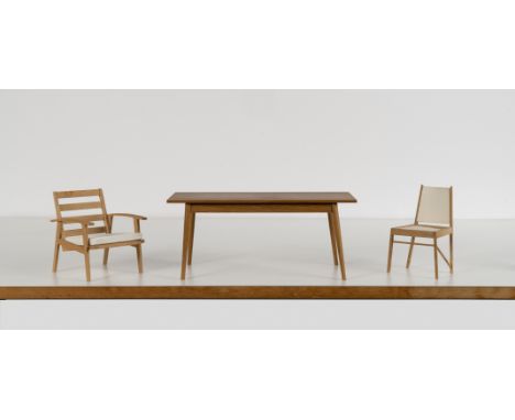 A collection of six maquettes of furniture designed by Sir Terence ConranComprising: an oak armchair with a foam cushion, des