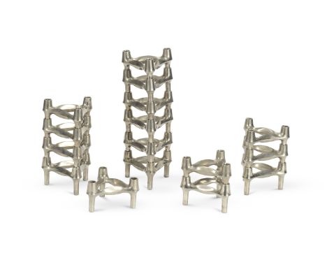 A set of sixteen German modular stacking chrome-plated candlesticksDesigned by Caesar Stoffi for BMFEach candlestick: 11cm wi