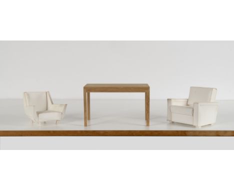 A collection of six maquettes of furniture designed by Sir Terence ConranComprising: two armchair models made in paper; an oa