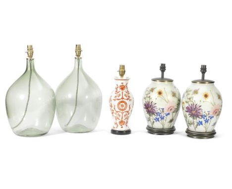 A collection of five lamp basesComprising: a pair of reverse glass painted lamp bases decorated with flowers and insects desi