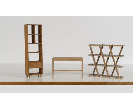 A collection of six maquettes of furniture designed by Sir Terence ConranComprising: a stained oak set of shelves; a maple mo