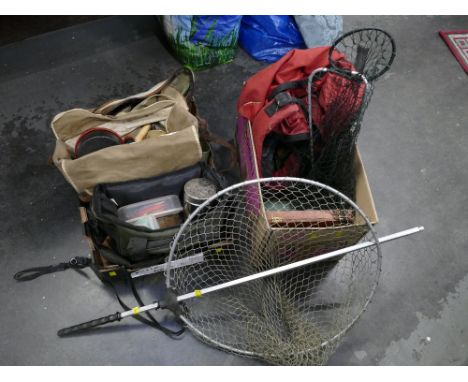 Two boxes of fishing equipment including tackle, bags, landing nets etc