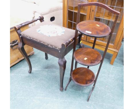 Victorian tapestry upholstered piano stool and three tiered cake stand