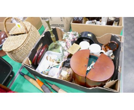 Wicker hamper, box of ornaments, figurines, costume jewellery boxes, mineral stone tree ornament etc