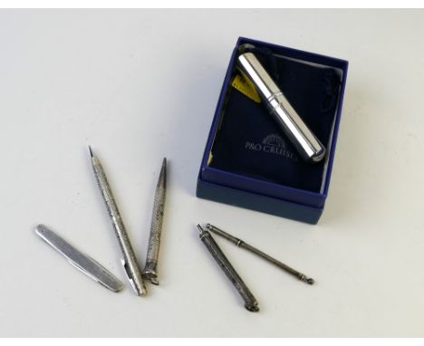 P&amp;O Cruises silver perfume dispenser in box and collection of sterling and hallmarked silver propelling pencils and penkn