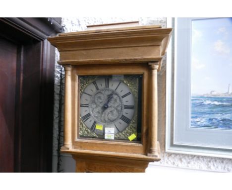 Pine longcase clock with early movement of bird cage variety by Hawkins of Sarum