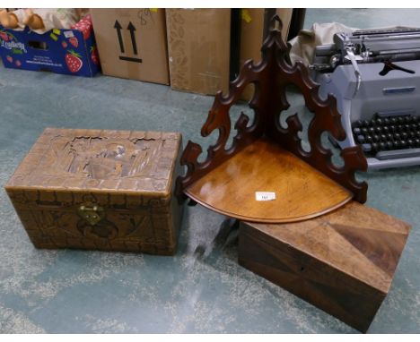 Victorian walnut corner shelf, wooden caddy box and smaller tabletop box