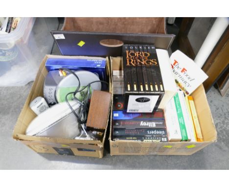 Magazine rack, box of books, Lord of the Rings etc, box of DVD player, Philips radio etc