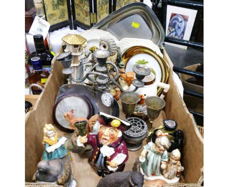 Box of animal figurines, character jugs, figures, decorative plates, candelabra etc