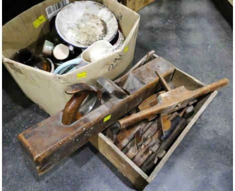 Two boxes of vintage hand tools and wood planes and ceramic jugs, plates, vases etc