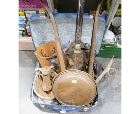 Suitcase containing bed warming pan, water trough, horse hames etc