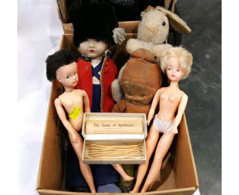 Box of vintage toys - fashion dolls, soldier stuffed doll