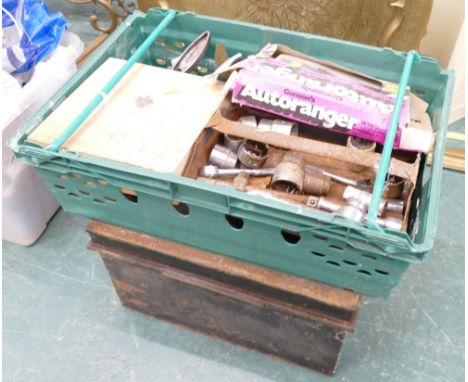 Metal trunk and other, crate of vintage tools