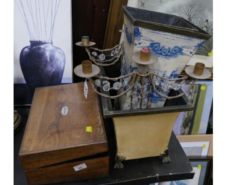 Wooden box containing vintage marmalade jars, pair of candelabra and three patterned metal storage containers