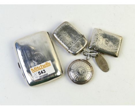 Two silver hallmarked Vesta cases weight +/- 50 grams, silver coated cigarette case and snuff box