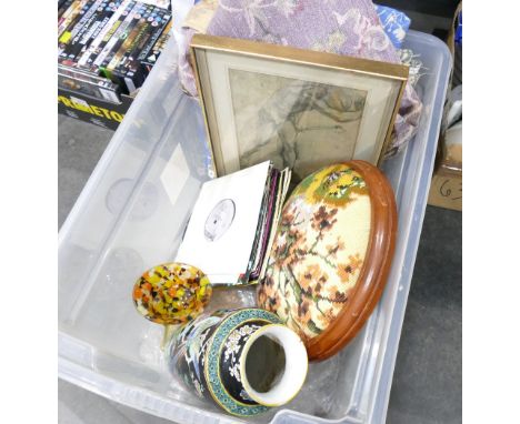 Box of tapestry top footstool, Oriental style vase, vinyl singles, traditional style picture of Raphael, fabric