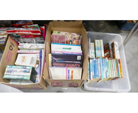 Three boxes of books, Lord of The Rings set, Horrible Histories etc