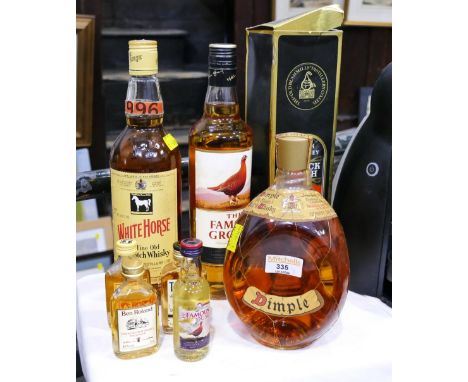 Collection of vintage alcohol - Dimple Scotch Whisky 70% proof, 26 fl ounces, Black Bush Irish Whisky 1 ltr and 75 cl of Whit