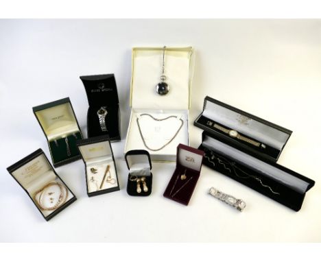 Collection of costume jewellery and watches, Swiss sports watch, Rotary watch, silver clasped necklace in box, also yellow me