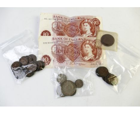 Small quantity of vintage GB coins and notes - sixpence, farthings etc