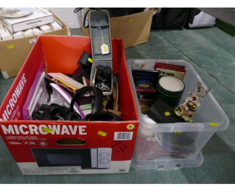 Two boxes of camera equipment including a Fujica film camera and ceramic ornaments, vintage maps etc