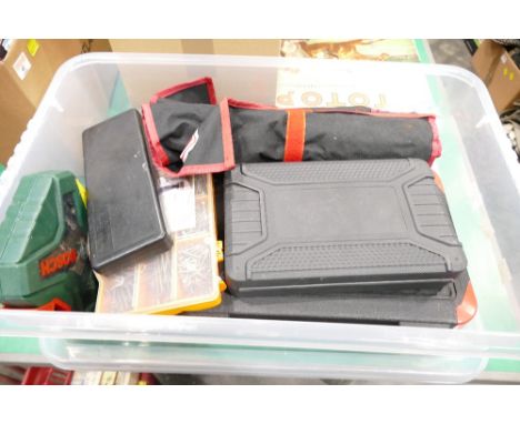 Box of tools including spanners, socket sets, screws, drill bits etc