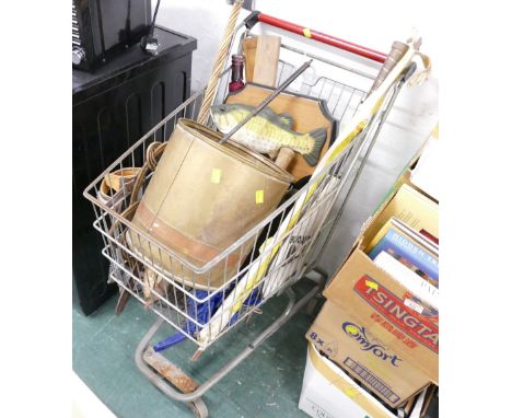 Vintage shopping trolley including brass coal bucket, carpet beater, big knife Billy Bass and other items