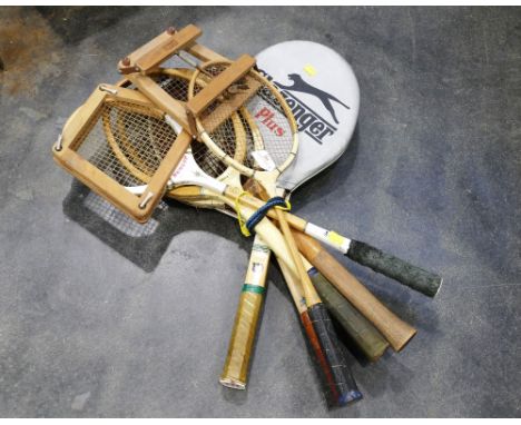 Collection of vintage badminton or tennis rackets