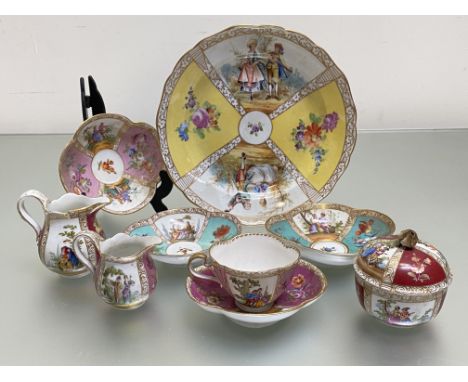 A group of Meissen and Helena Wolfson (Dresden) ceramics comprising: a yellow ground cabinet plate with Meissen seconds mark;