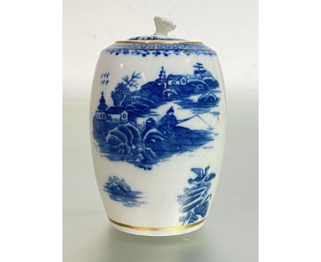 A Caughley blue and white porcelain tea caddy or canister, c. 1775, in the Fisherman and Cormorant pattern, the cover with fl