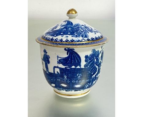 A Caughley blue and white porcelain sucrier, c. 1770-80, in the Fisherman and Cormorant pattern, with domed cover. Height 11.