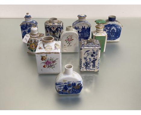 A group  of 18th and 19th century tea cannisters and caddies comprising: three Delft examples (two polychrome), two Continent