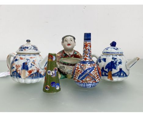 Two small  Chinese fluted porcelain teapots, each decorated with figures in an Imari palette: together with a small Imari por