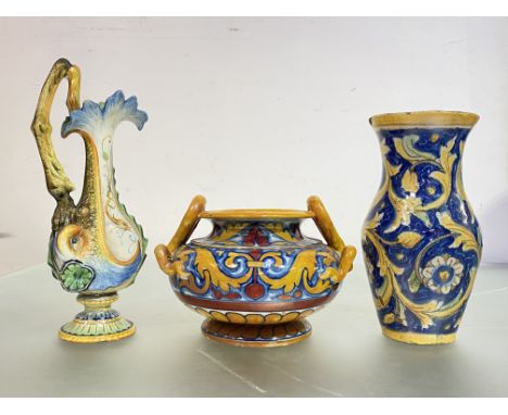 A group of 19th century and later maiolica comprising: a Cantagalli twin-handled jar, of squat baluster form, cockerel mark (