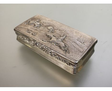 A George IV silver snuff box, Joseph Taylor or John Thropp, Birmingham 1825, the hinged cover repousse with a hunting scene, 
