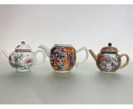 Three Chinese Export porcelain teapots, 18th century, each of bullet form: the first in a Kakiemon palette decorated with vas