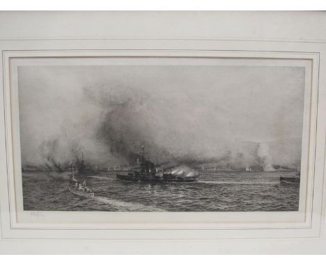 WILLIAM WYLLIE RA (1851-1931) 'The Iron Duke In Action During The Battle Of Jutland'. Signed framed and glazed etching, Wylli