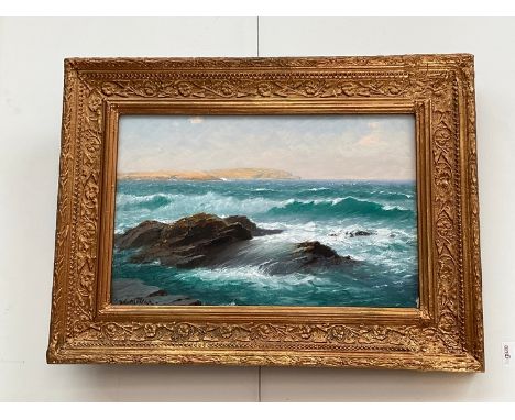 JAMES HENRY C MILLAR, (1863-1929): Oil on panel, Trevone Bay, Cornwall "A fresh morning Trevone" a Cornish seascape signed lo