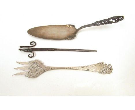 Silver serving knife, trident fork and bookmark. Two English, one marked 830, 116g 