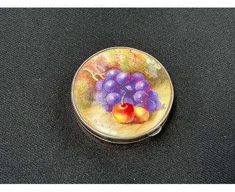 A Sanders and Mackenzie silver circular trinket pot with a Royal Worcester handpainted lid depicting grapes and cherries, sig