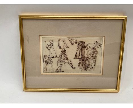 An 18th Century pen and ink sketch of figures and animals, 11.5cm x 19cm, framed and glazed 