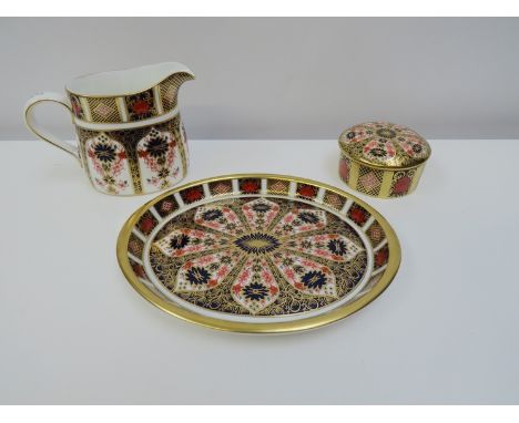 Three Royal Crown Derby Imari items: jug, oval dish and trinket box 