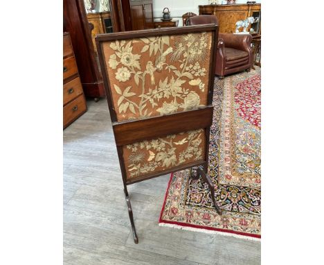 A 19th Century mahogany framed stump work firescreen with bird in tree design, with shelf, on pad feet, 110cm tall 